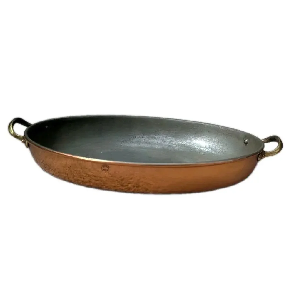Vtg Copper Oval Gratin Pan Tin Lined Brass Handles Hammered Roasting Baking Dish